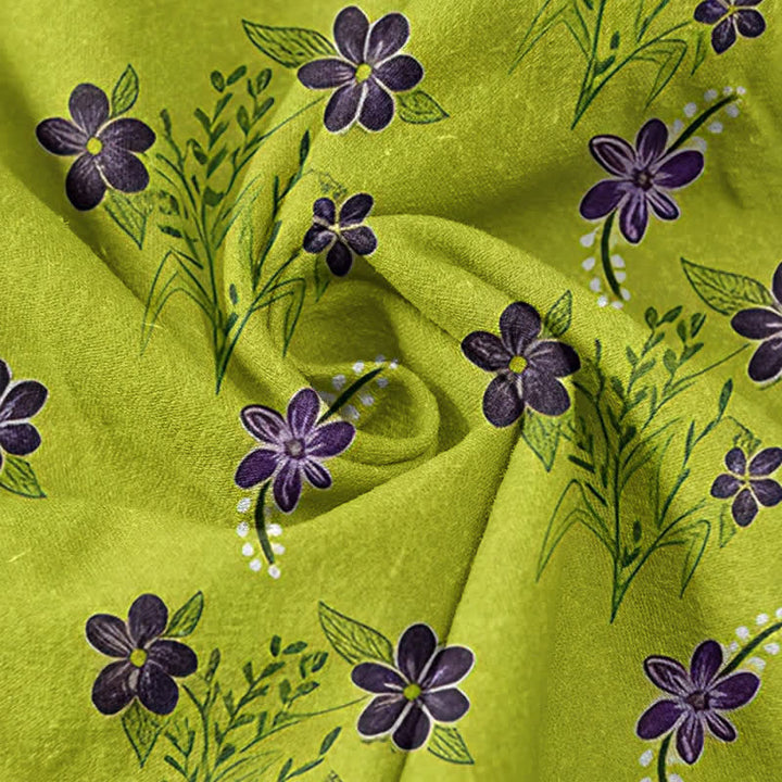 Buddha Stones Pure Cotton Purple Floral Leaf Pattern Women's Elastic Waist Pants With Pockets - image 2