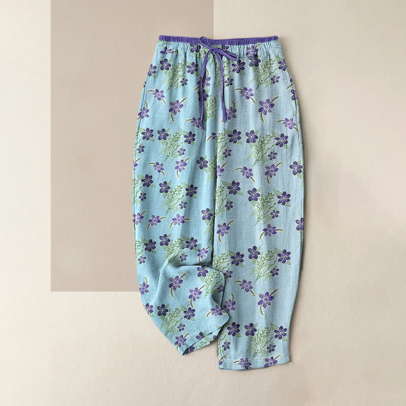 Buddha Stones Pure Cotton Purple Floral Leaf Pattern Women's Elastic Waist Pants With Pockets - PaleTurquoise - US16，UK/AU20，EU48 (3XL) - image 3