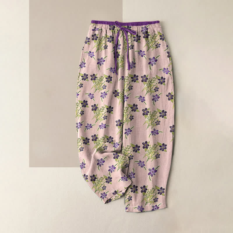 Buddha Stones Pure Cotton Purple Floral Leaf Pattern Women's Elastic Waist Pants With Pockets - Pink - US16，UK/AU20，EU48 (3XL) - image 4
