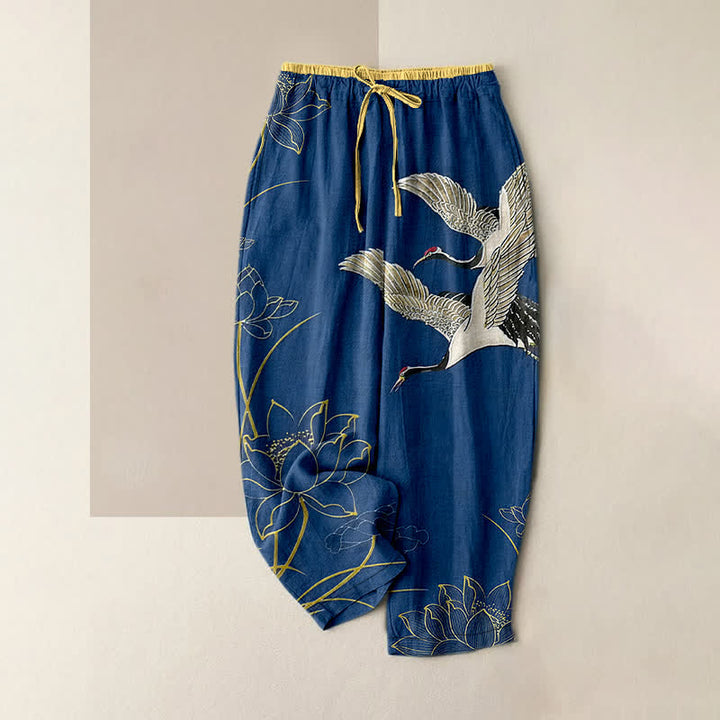 Buddha Stones Pure Cotton Crane Lotus Pattern Women's Elastic Waist Pants With Pockets - SteelBlue - US16，UK/AU20，EU48 (3XL) - image 4