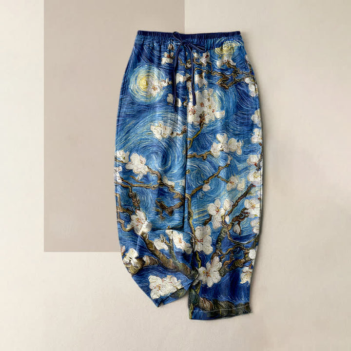 Buddha Stones Van Gogh Starry Sky Almond Blossom Pattern Women's Elastic Waist Pants With Pockets - RoyalBlue - US16，UK/AU20，EU48 (3XL) - image 0