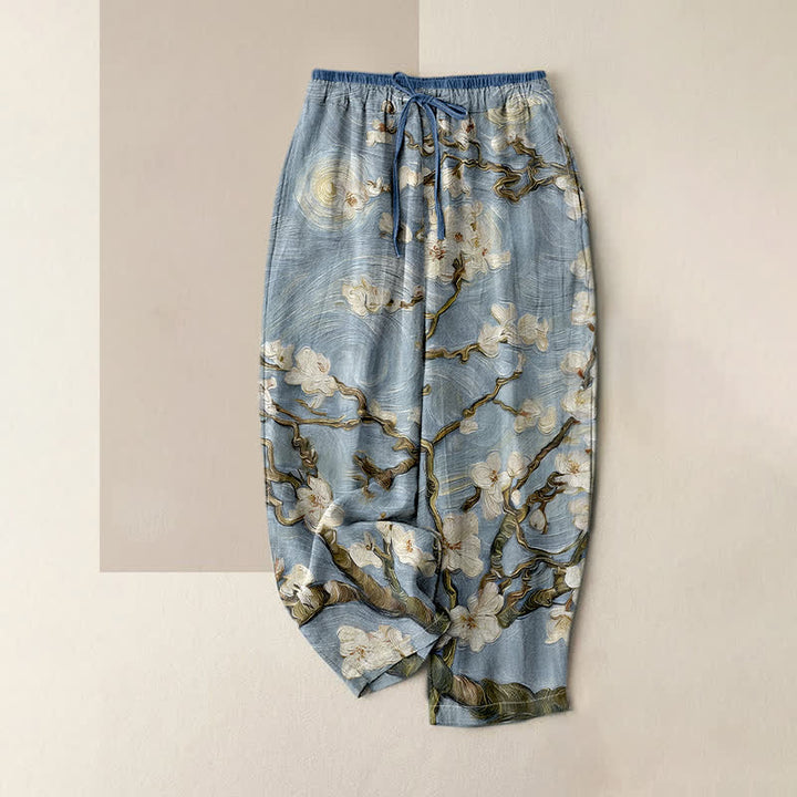 Buddha Stones Van Gogh Starry Sky Almond Blossom Pattern Women's Elastic Waist Pants With Pockets - LightBlue - US16，UK/AU20，EU48 (3XL) - image 4