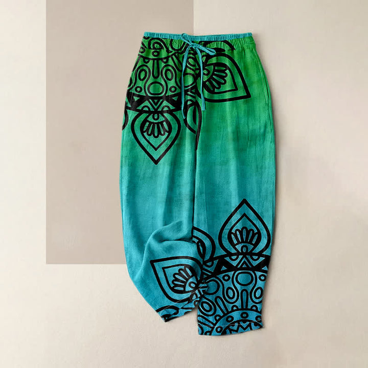 Buddha Stones Pure Cotton Gradient Mandala Pattern Women's Elastic Waist Pants With Pockets - Turquoise - US16，UK/AU20，EU48 (3XL) - image 4