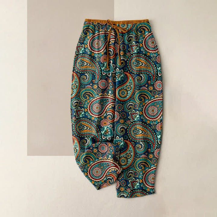 Buddha Stones Pure Cotton Paisley Floral Print Women's Elastic Waist Pants With Pockets - Teal - US16，UK/AU20，EU48 (3XL) - image 0