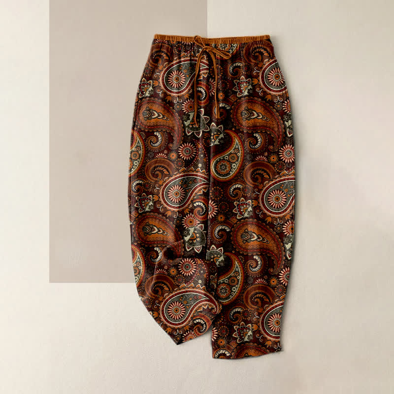 Buddha Stones Pure Cotton Paisley Floral Print Women's Elastic Waist Pants With Pockets - Brown - US16，UK/AU20，EU48 (3XL) - image 4