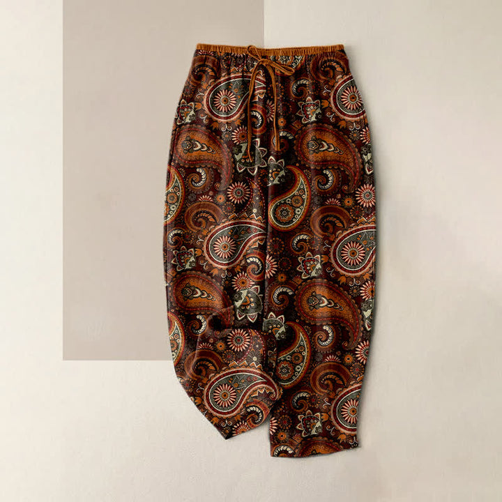 Buddha Stones Pure Cotton Paisley Floral Print Women's Elastic Waist Pants With Pockets - Brown - US16，UK/AU20，EU48 (3XL) - image 4