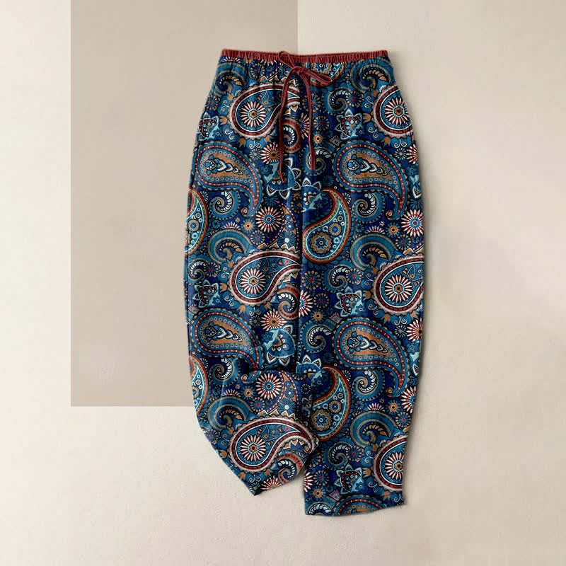 Buddha Stones Pure Cotton Paisley Floral Print Women's Elastic Waist Pants With Pockets - SteelBlue - US16，UK/AU20，EU48 (3XL) - image 5