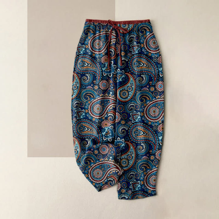 Buddha Stones Pure Cotton Paisley Floral Print Women's Elastic Waist Pants With Pockets - SteelBlue - US16，UK/AU20，EU48 (3XL) - image 5