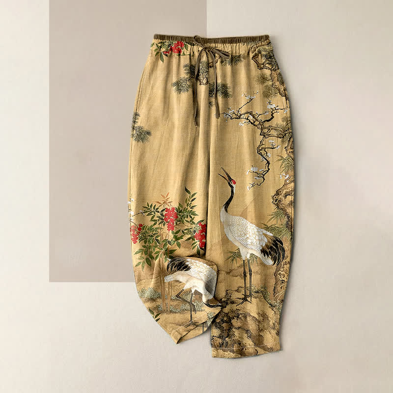 Buddha Stones Pure Cotton Crane Pine Pattern Women's Elastic Waist Pants With Pockets - Wheat - US16，UK/AU20，EU48 (3XL) - image 0