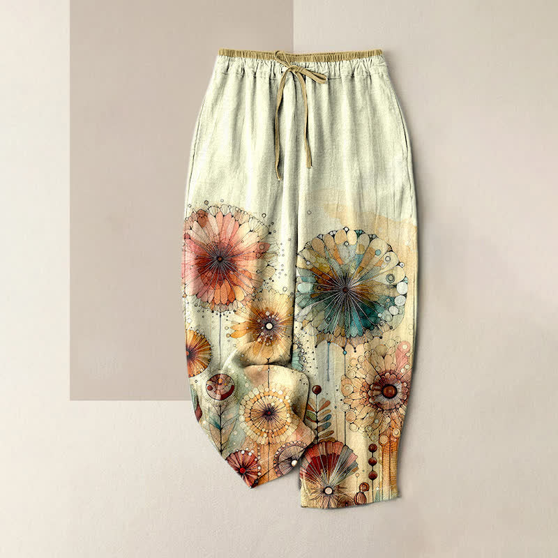 Buddha Stones Pure Cotton Watercolor Mandala Floral Pattern Women's Elastic Waist Pants With Pockets - LightYellow - US16，UK/AU20，EU48 (3XL) - image 0