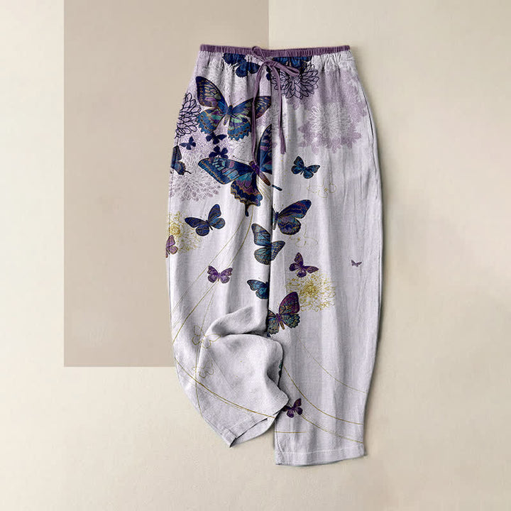 Buddha Stones Pure Cotton Bohemian Butterfly Floral Pattern Women's Elastic Waist Pants With Pockets - Lavender - US16，UK/AU20，EU48 (3XL) - image 0