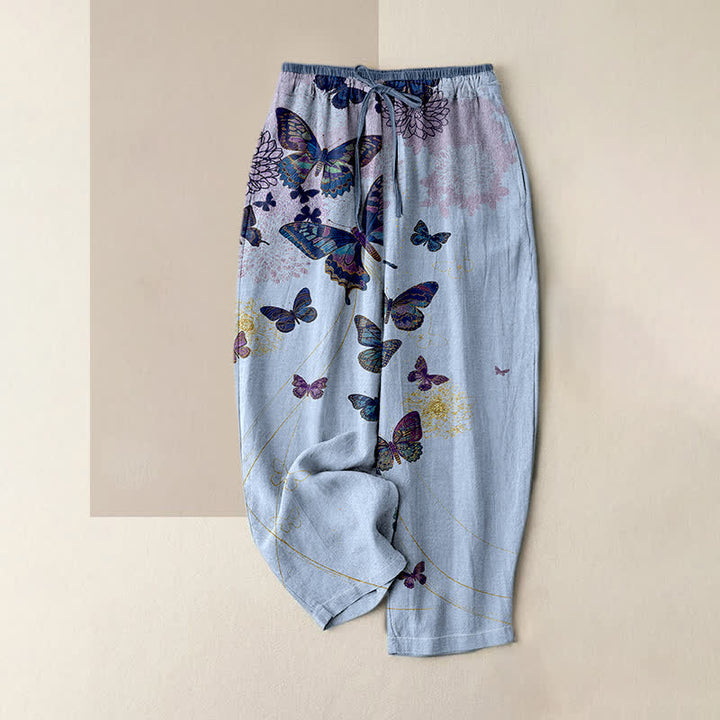 Buddha Stones Pure Cotton Bohemian Butterfly Floral Pattern Women's Elastic Waist Pants With Pockets - LightBlue - US16，UK/AU20，EU48 (3XL) - image 3