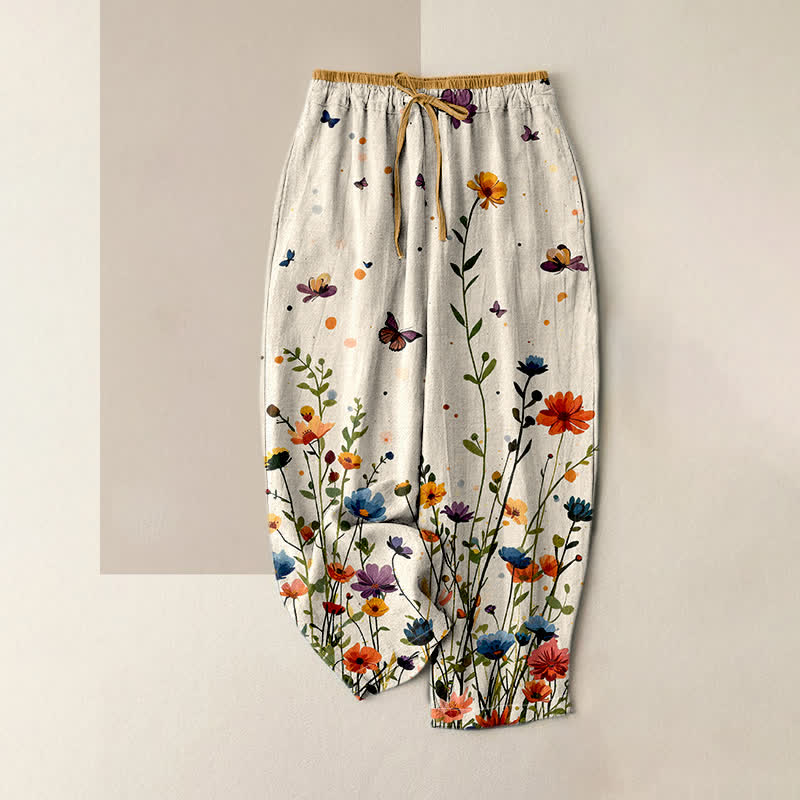 Buddha Stones Pure Cotton Bohemian Floral Butterfly Pattern Women's Elastic Waist Pants With Pockets - Ivory - US16，UK/AU20，EU48 (3XL) - image 0