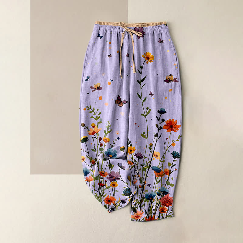 Buddha Stones Pure Cotton Bohemian Floral Butterfly Pattern Women's Elastic Waist Pants With Pockets - Lavender - US16，UK/AU20，EU48 (3XL) - image 3
