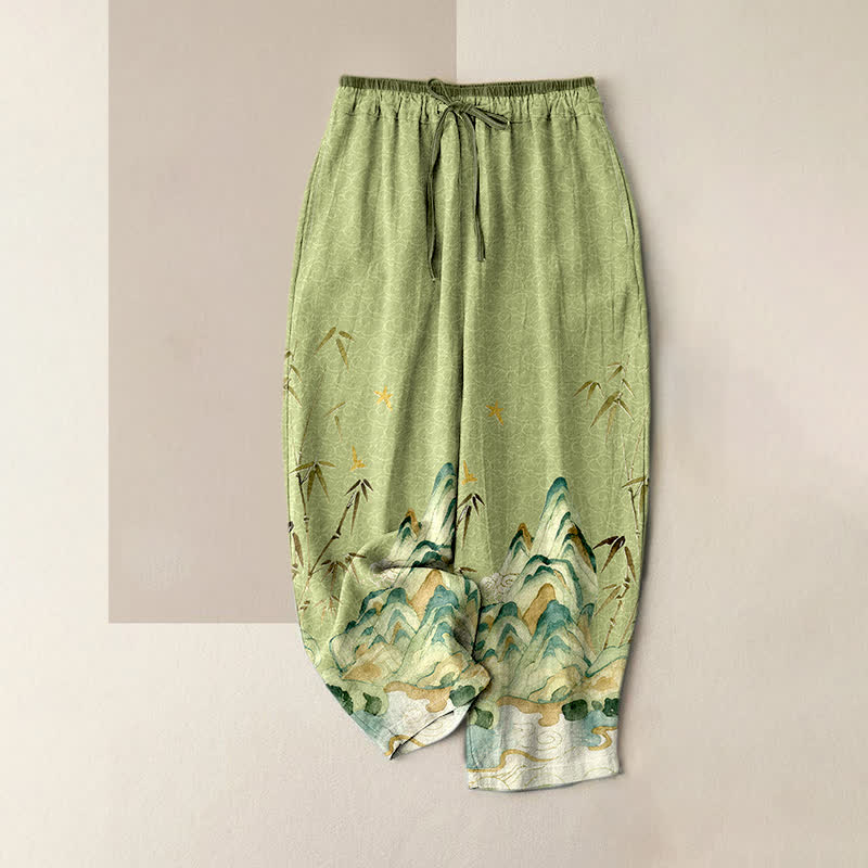 Buddha Stones Pure Cotton Mountain Bamboo Pattern Women's Elastic Waist Pants With Pockets - DarkSeaGreen - US16，UK/AU20，EU48 (3XL) - image 0