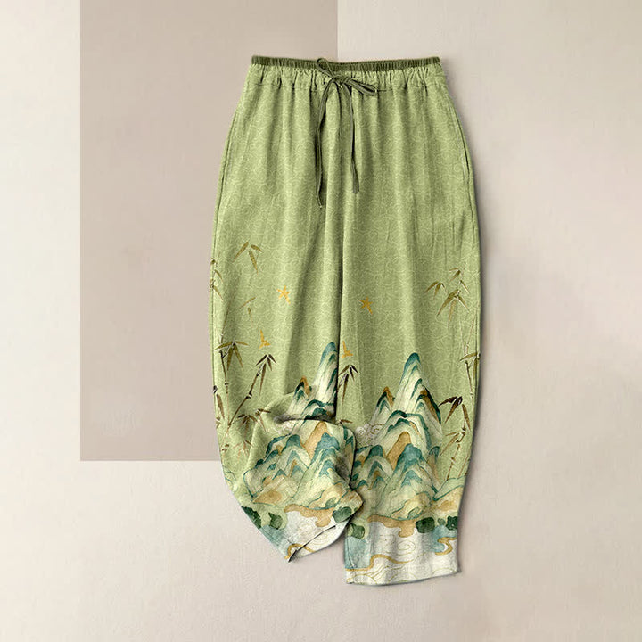 Buddha Stones Pure Cotton Mountain Bamboo Pattern Women's Elastic Waist Pants With Pockets - DarkSeaGreen - US16，UK/AU20，EU48 (3XL) - image 0