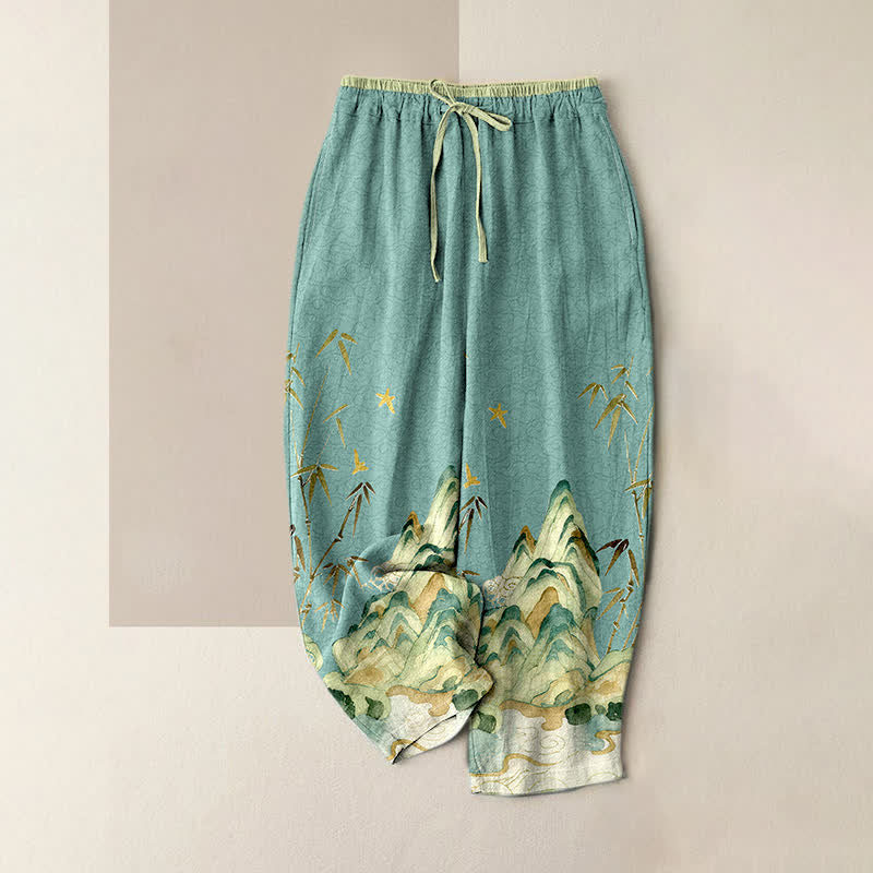 Buddha Stones Pure Cotton Mountain Bamboo Pattern Women's Elastic Waist Pants With Pockets - Turquoise - US16，UK/AU20，EU48 (3XL) - image 3