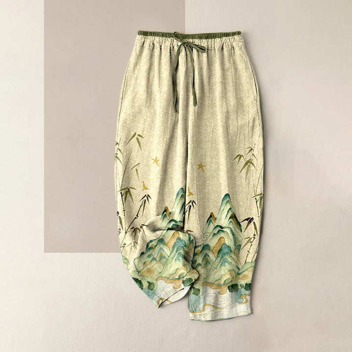 Buddha Stones Pure Cotton Mountain Bamboo Pattern Women's Elastic Waist Pants With Pockets - Beige - US16，UK/AU20，EU48 (3XL) - image 4