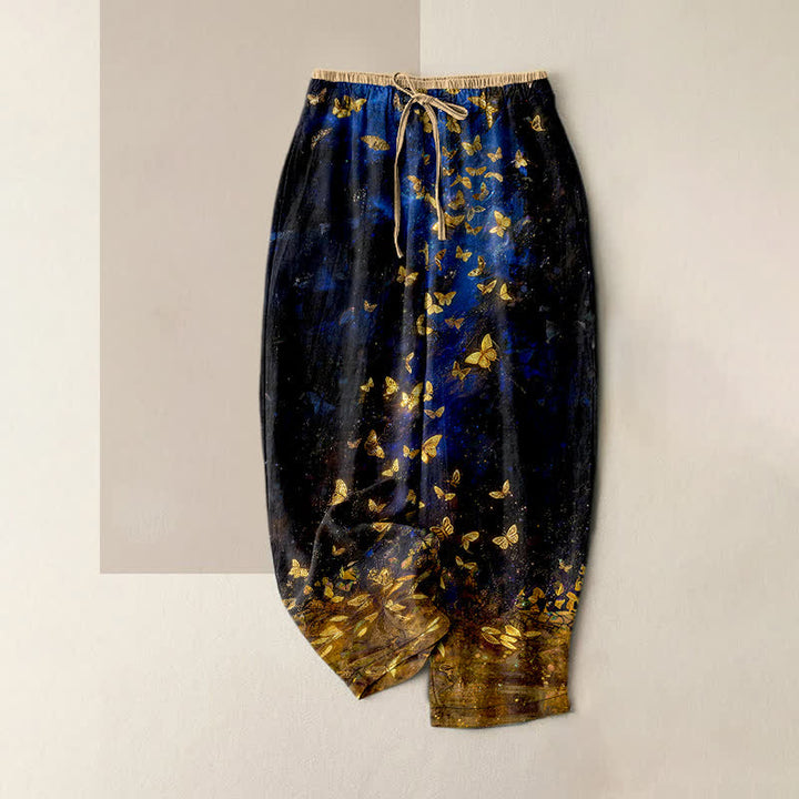 Buddha Stones Pure Cotton Gold Butterfly Gradient Pattern Women's Elastic Waist Pants With Pockets - MidnightBlue - US16，UK/AU20，EU48 (3XL) - image 0
