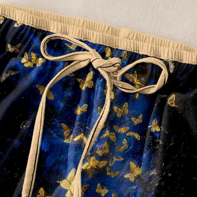 Buddha Stones Pure Cotton Gold Butterfly Gradient Pattern Women's Elastic Waist Pants With Pockets - image 1