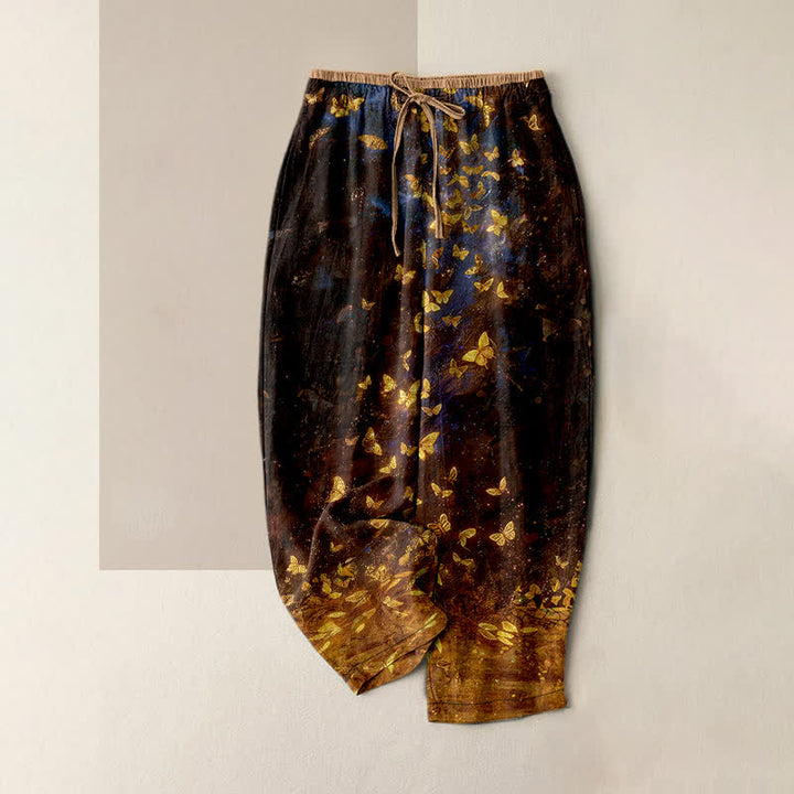 Buddha Stones Pure Cotton Gold Butterfly Gradient Pattern Women's Elastic Waist Pants With Pockets - SaddleBrown - US16，UK/AU20，EU48 (3XL) - image 4