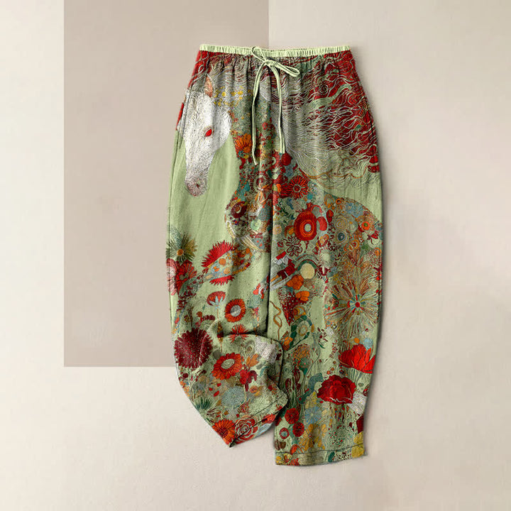 Buddha Stones Pure Cotton Bohemian Floral Horse Pattern Women's Elastic Waist Pants With Pockets - DarkSeaGreen - US16，UK/AU20，EU48 (3XL) - image 4