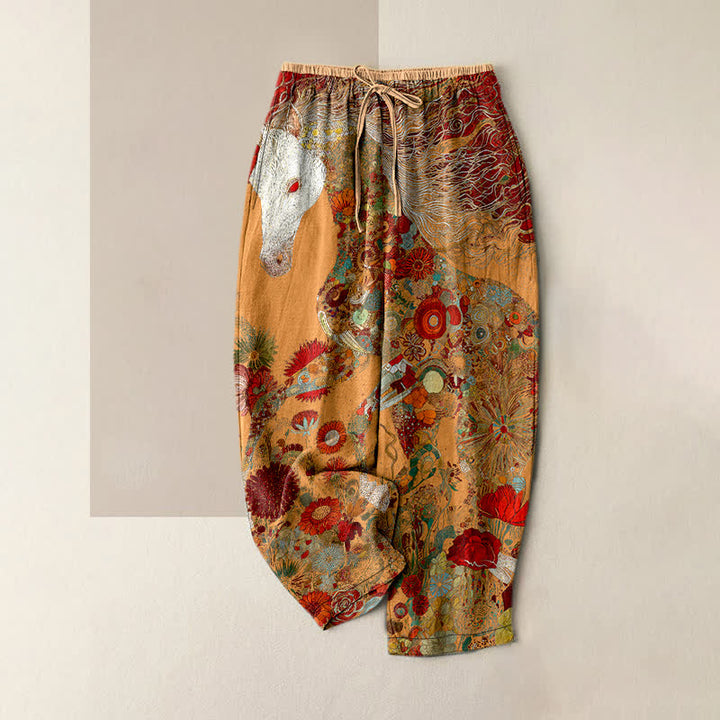 Buddha Stones Pure Cotton Bohemian Floral Horse Pattern Women's Elastic Waist Pants With Pockets - Orange - US16，UK/AU20，EU48 (3XL) - image 5