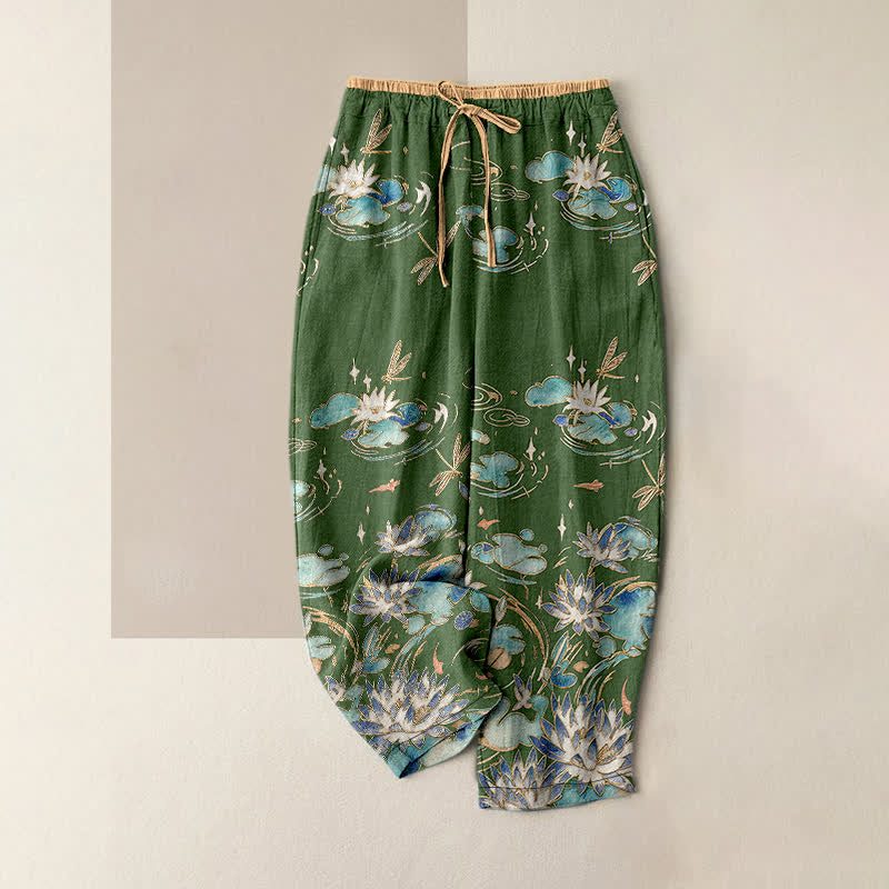 Buddha Stones Pure Cotton Lotus Wave Pattern Women's Elastic Waist Pants With Pockets - DarkOliveGreen - US16，UK/AU20，EU48 (3XL) - image 0