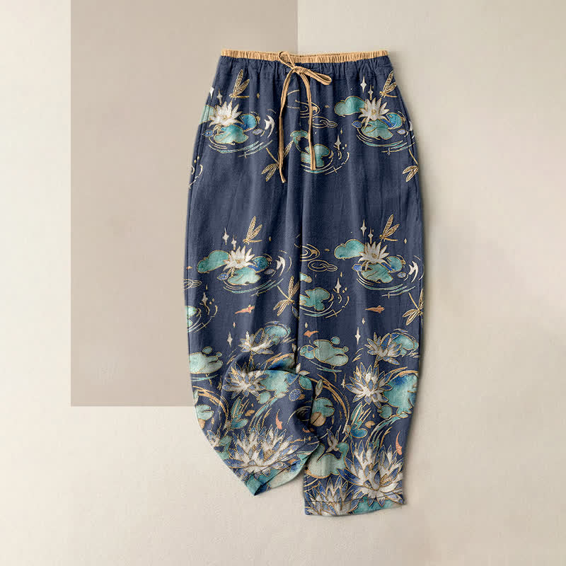 Buddha Stones Pure Cotton Lotus Wave Pattern Women's Elastic Waist Pants With Pockets - Navy - US16，UK/AU20，EU48 (3XL) - image 4