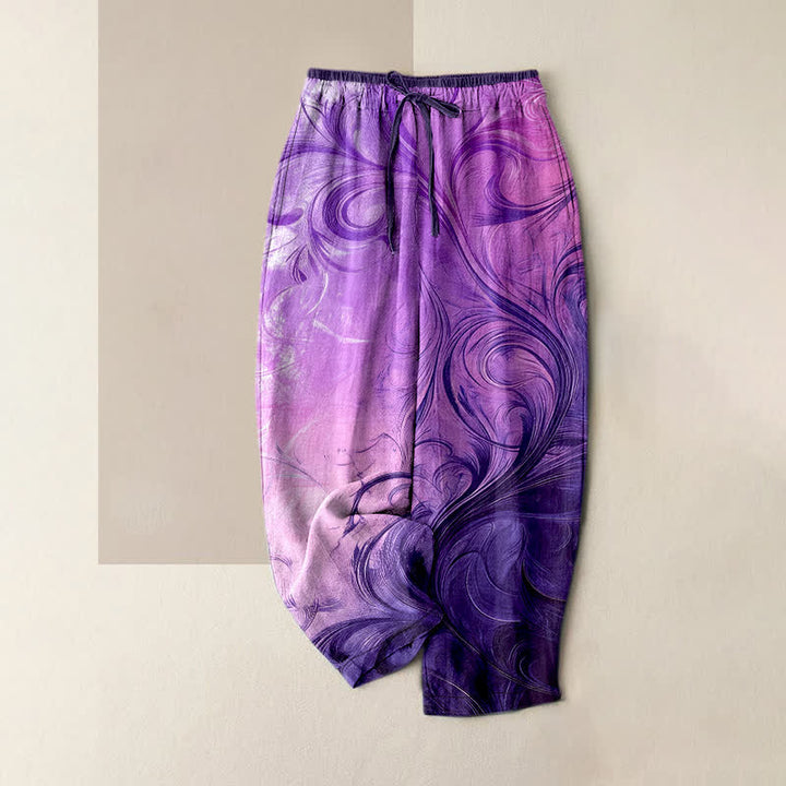 Buddha Stones Pure Cotton Sunset Swirl Ombre Pattern Women's Elastic Waist Pants With Pockets - DarkViolet - US16，UK/AU20，EU48 (3XL) - image 4