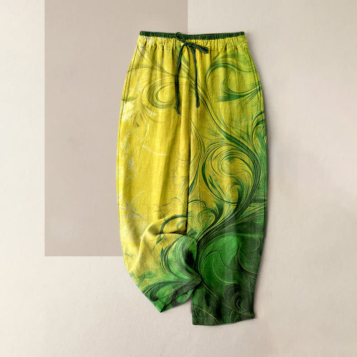 Buddha Stones Pure Cotton Sunset Swirl Ombre Pattern Women's Elastic Waist Pants With Pockets - GreenYellow - US16，UK/AU20，EU48 (3XL) - image 5