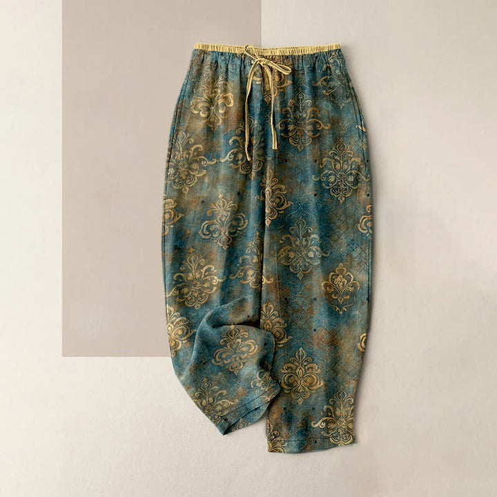Buddha Stones Vintage Damask Print Women's Elastic Waist Pants With Pockets - Teal - US16，UK/AU20，EU48 (3XL) - image 0