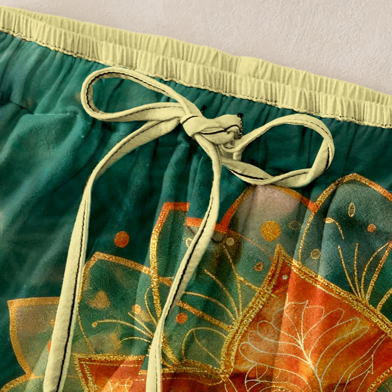 Buddha Stones Pure Cotton Gold Mandala Pattern Women's Elastic Waist Pants With Pockets - image 1