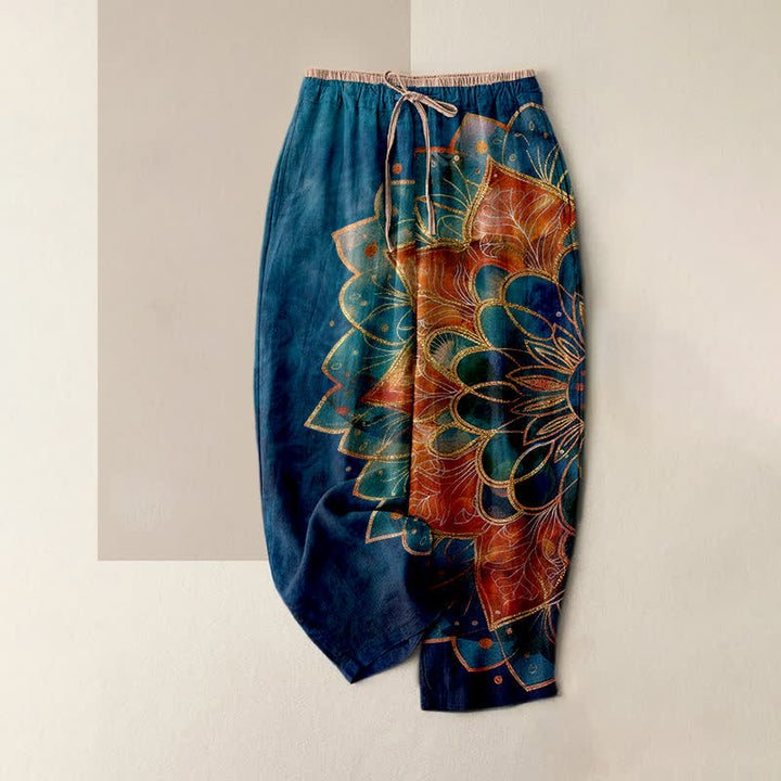 Buddha Stones Pure Cotton Gold Mandala Pattern Women's Elastic Waist Pants With Pockets - Navy - US16，UK/AU20，EU48 (3XL) - image 6