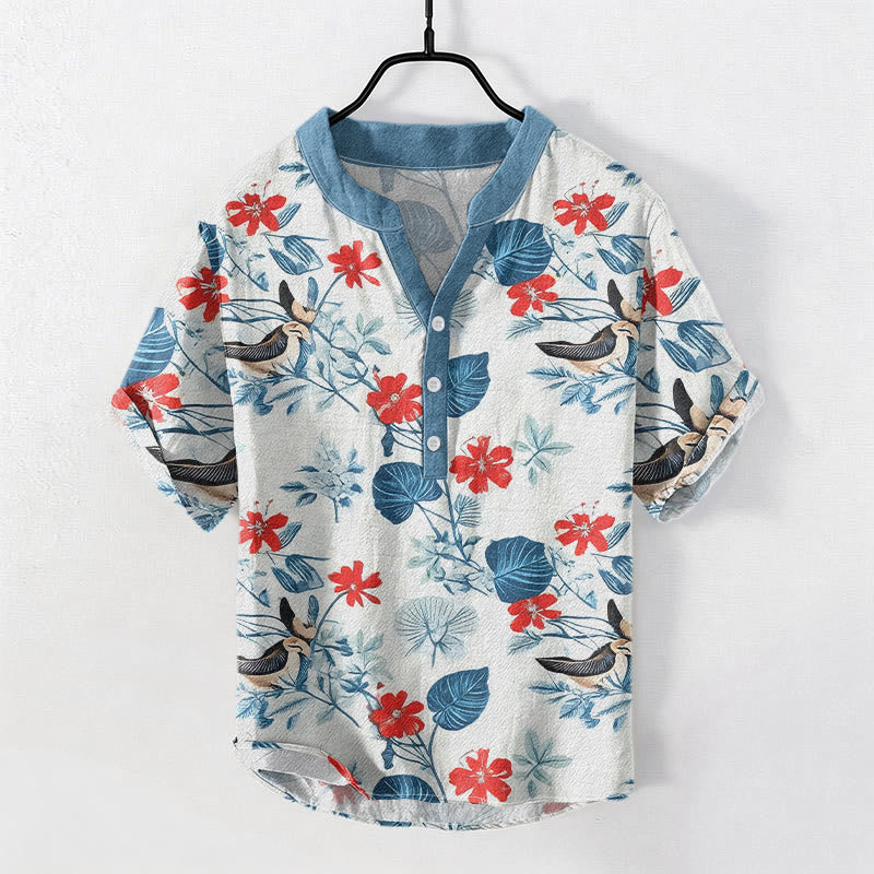 Buddha Stones Cotton Tropical Floral Bird Pattern Men's Short Sleeve Half Button Shirt - LightSteelBlue - US/UK/AU50，EU60 (5XL) - image 0