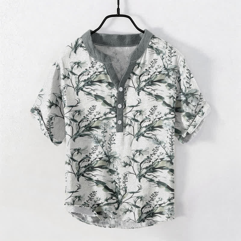 Buddha Stones Pure Cotton Lavender Sprig Pattern Men's Short Sleeve Half Button Shirt - LightGrey - US/UK/AU50，EU60 (5XL) - image 0