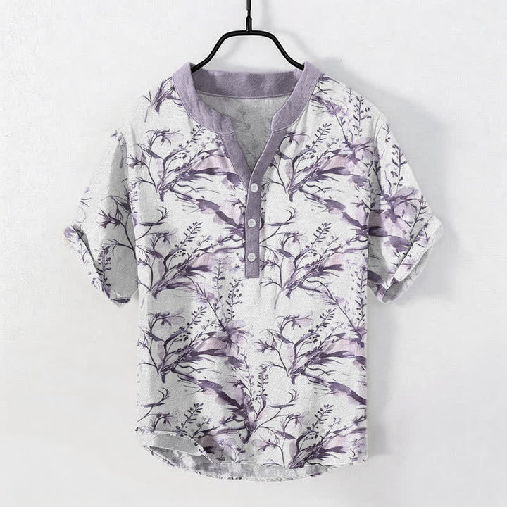 Buddha Stones Pure Cotton Lavender Sprig Pattern Men's Short Sleeve Half Button Shirt - image 3