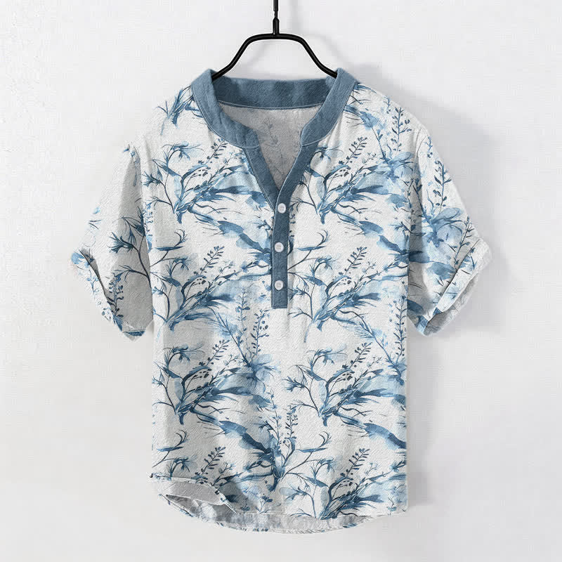 Buddha Stones Pure Cotton Lavender Sprig Pattern Men's Short Sleeve Half Button Shirt - image 5