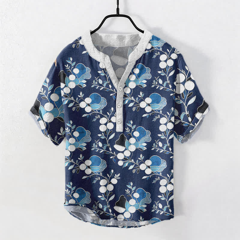 Buddha Stones Cotton Floral Berry Pattern Men's Short Sleeve Half Button Shirt - Navy - US/UK/AU50，EU60 (5XL) - image 5