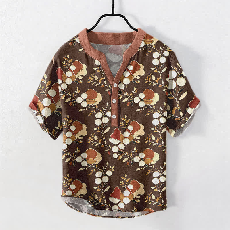 Buddha Stones Cotton Floral Berry Pattern Men's Short Sleeve Half Button Shirt - SaddleBrown - US/UK/AU50，EU60 (5XL) - image 7