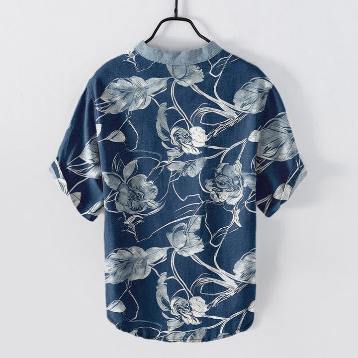 Buddha Stones Cotton Botanical Floral Leaves Pattern Men's Short Sleeve Half Button Shirt - image 6