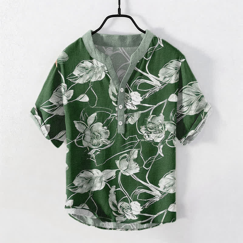 Buddha Stones Cotton Botanical Floral Leaves Pattern Men's Short Sleeve Half Button Shirt - ForestGreen - US/UK/AU50，EU60 (5XL) - image 7