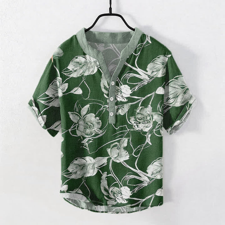 Buddha Stones Cotton Botanical Floral Leaves Pattern Men's Short Sleeve Half Button Shirt - ForestGreen - US/UK/AU50，EU60 (5XL) - image 7