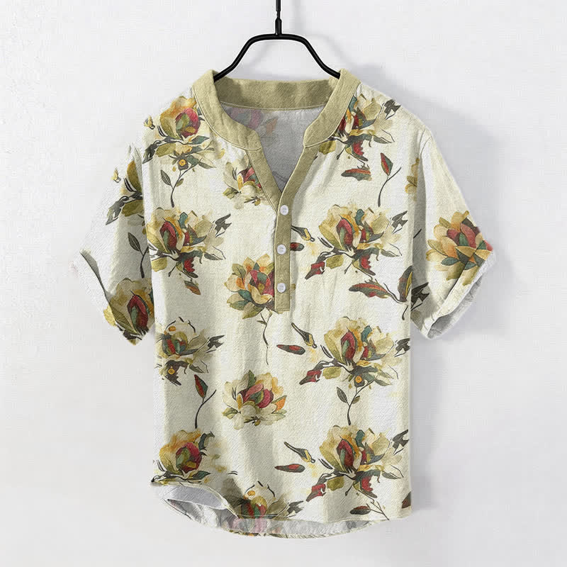 Buddha Stones Cotton Vintage Floral Petals Pattern Men's Short Sleeve Half Button Shirt - Linen - US/UK/AU50，EU60 (5XL) - image 0