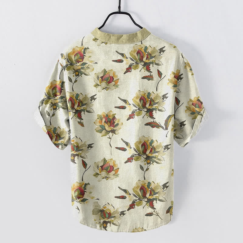 Buddha Stones Cotton Vintage Floral Petals Pattern Men's Short Sleeve Half Button Shirt - image 1