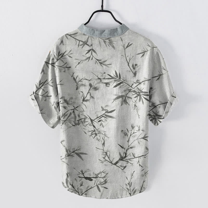 Buddha Stones Cotton Bamboo Ink Pattern Men's Short Sleeve Half Button Shirt - image 1