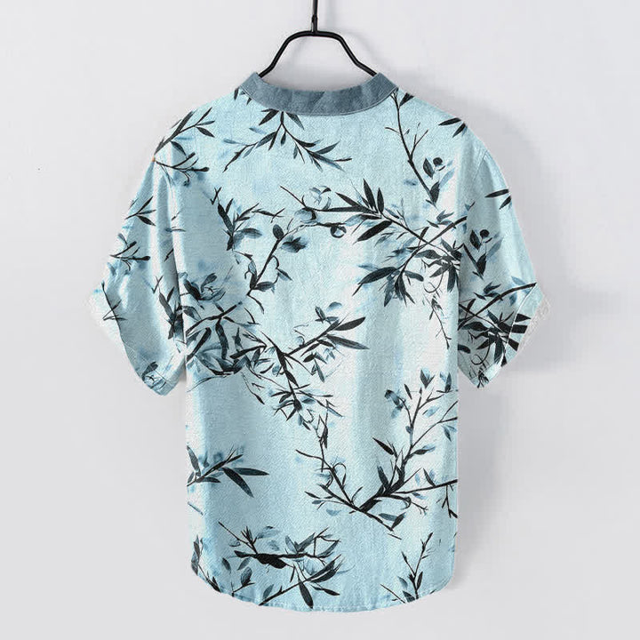 Buddha Stones Cotton Bamboo Ink Pattern Men's Short Sleeve Half Button Shirt - image 6