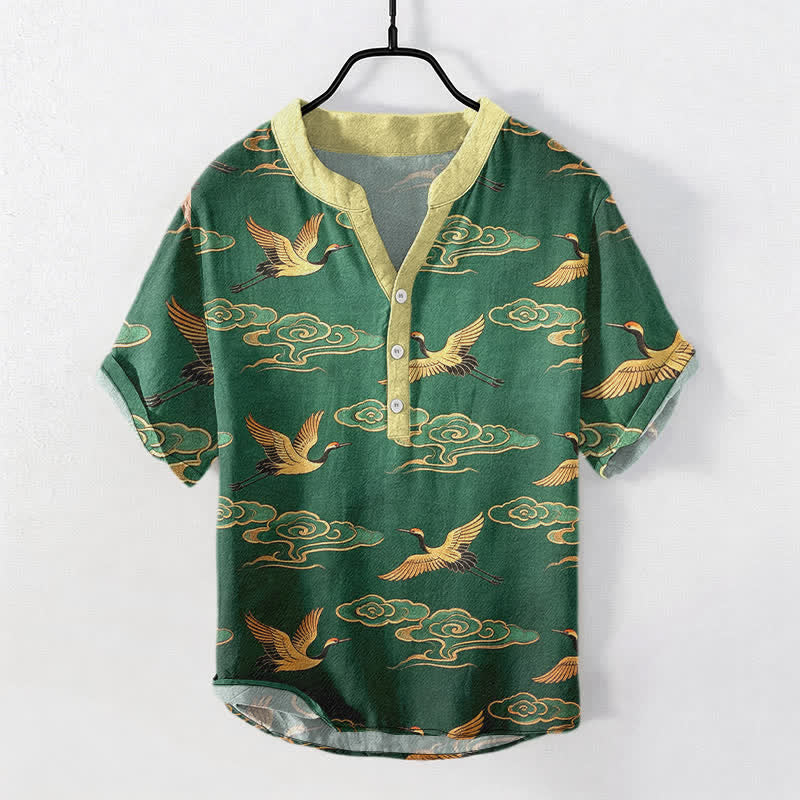 Buddha Stones Cotton Golden Crane Auspicious Clouds Pattern Men's Short Sleeve Half Button Shirt - ForestGreen - US/UK/AU50，EU60 (5XL) - image 0