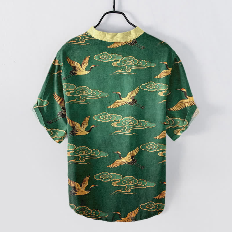 Buddha Stones Cotton Golden Crane Auspicious Clouds Pattern Men's Short Sleeve Half Button Shirt - image 1
