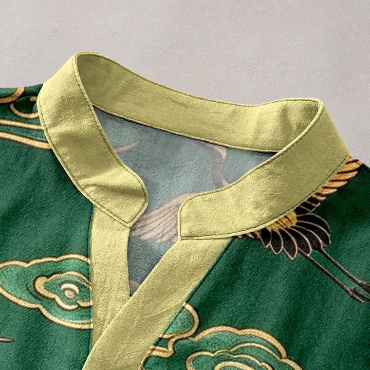 Buddha Stones Cotton Golden Crane Auspicious Clouds Pattern Men's Short Sleeve Half Button Shirt - image 2